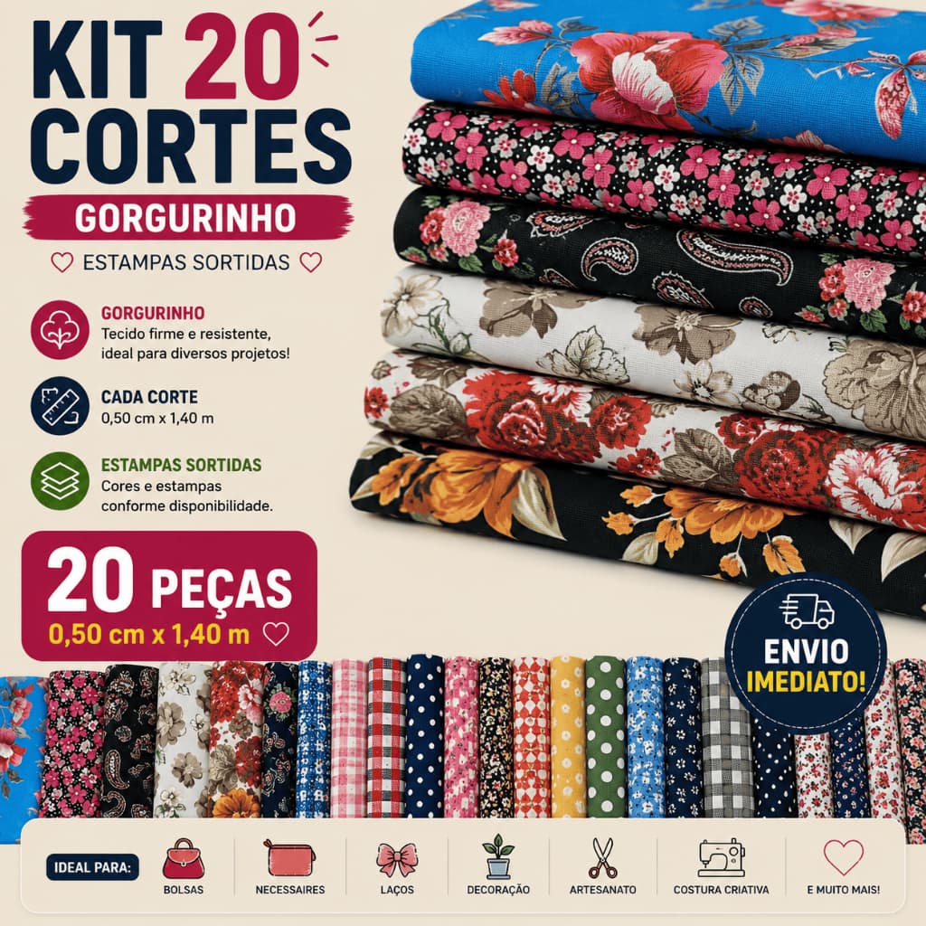 ✨ Kit 20 cortes tecido Gorgurinho Estampados 50cm x 1,40m | Patchwork Artesanato Decoração ✨