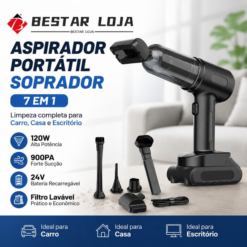BESTAR LOJA Aspirador Portátil Soprador 7 em 1 120W 900PA Limpeza Carro Casa Escritório Filtro Lavável 24V
