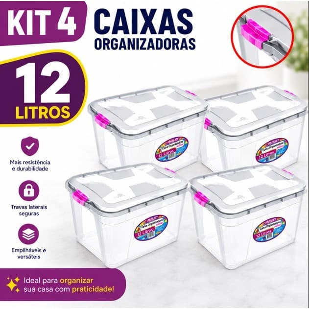 kit 4 Caixa Transparente Organizadoras 12L Cesto Cristal Com Travas Brinquedos Ferramentas Roupas