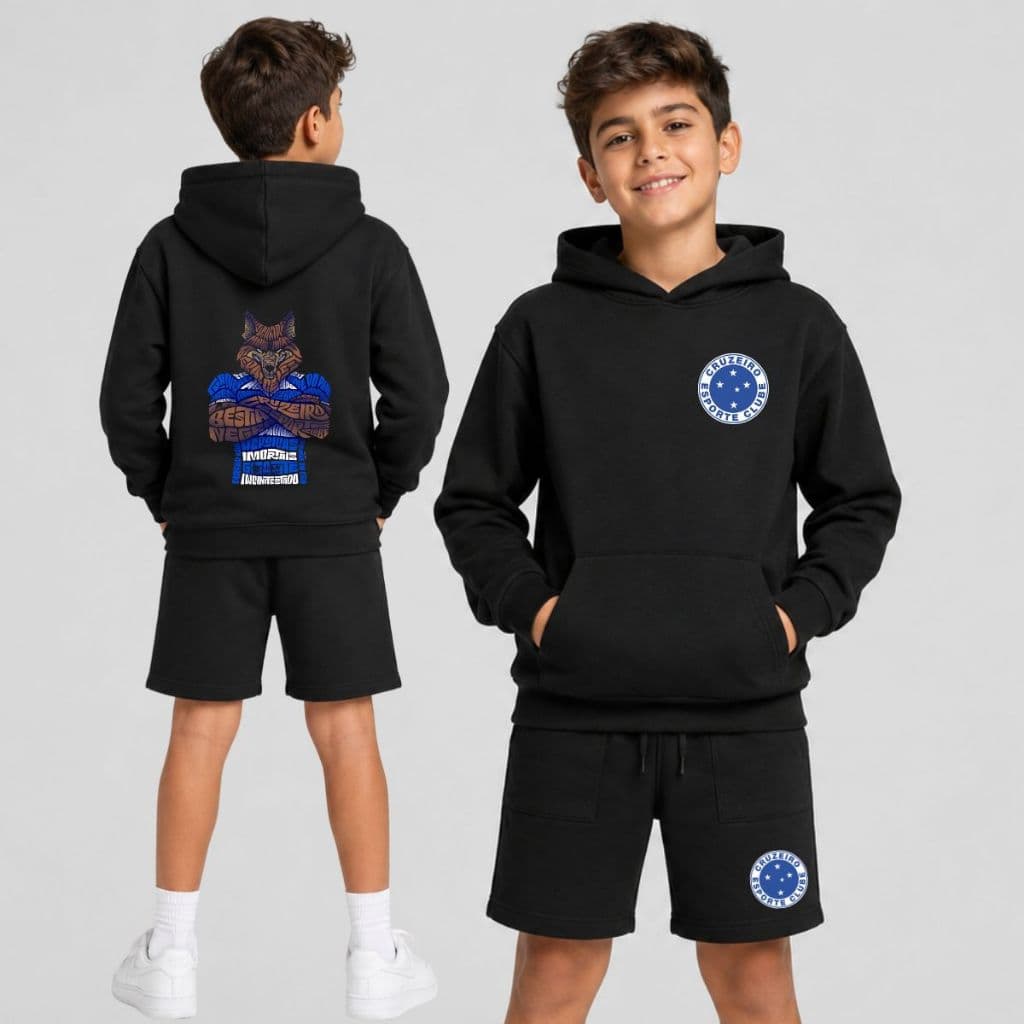 Kit Moletom e Bermuda Cruzeiro Infantil Conjunto Blusa de Frio e Bermuda Moletom Unissex Time de Futebol