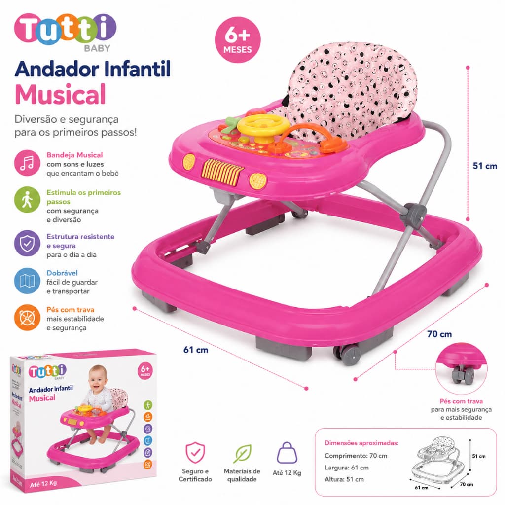 Andador Infantil Musical Rosa Tutti Baby Safari II Com Freio Dobrável Até 12kg