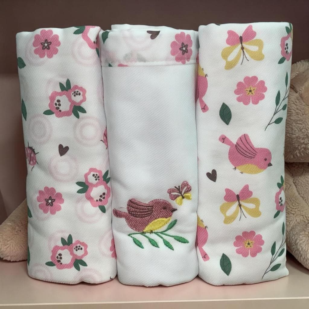 Cueiro Bebê Flanelado 100% Algodão | Kit 3 Unidades 80x80cm | Enxoval Recém-Nascido Baby Nice - Passarinho | Coelhinho