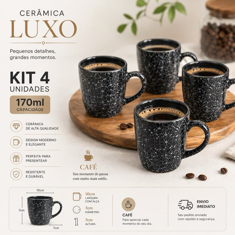 Kit com 4 Canecas Ceramica Small Ônix 170ml Café Chá Chocolate Ceramica Orgânica