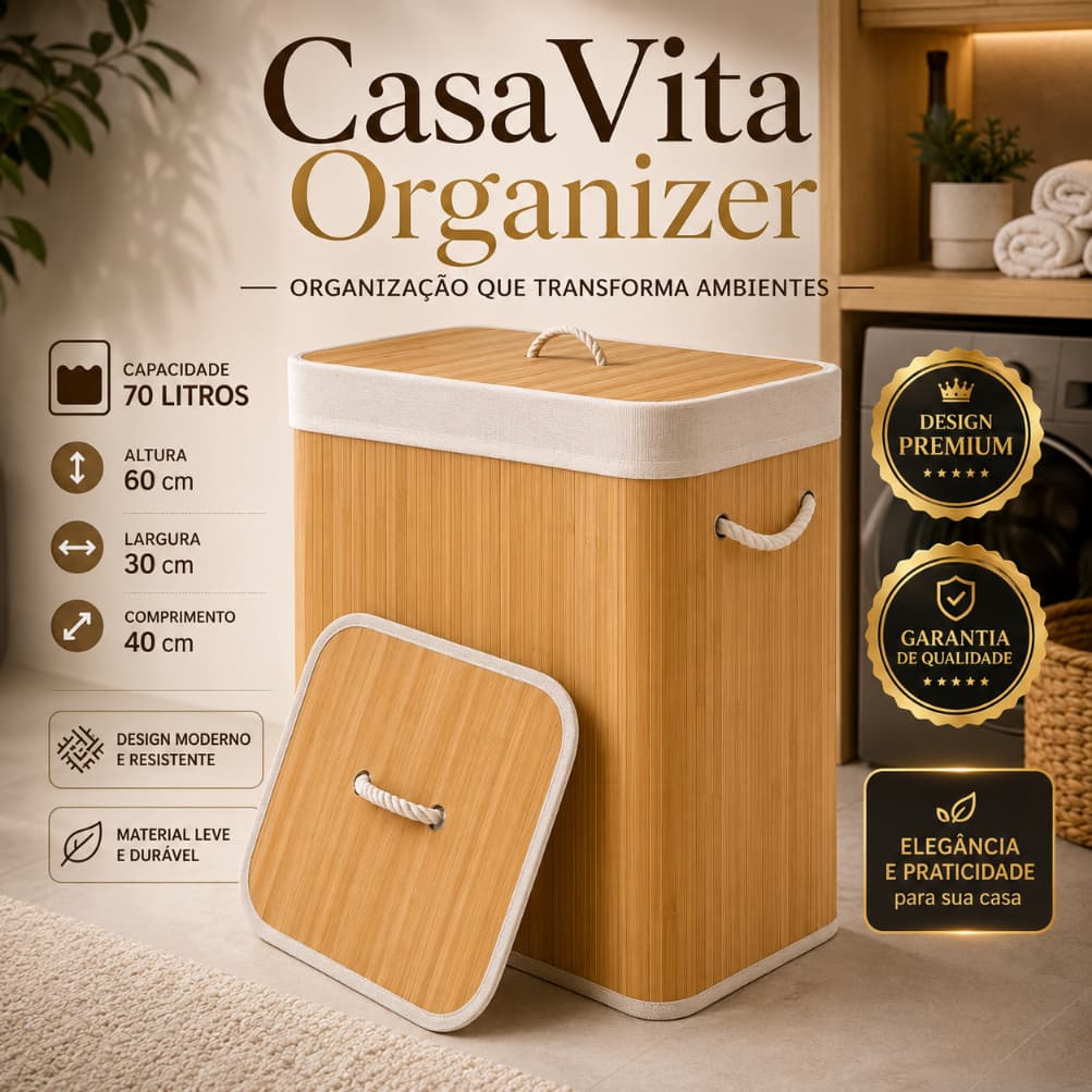 Cesto Organizador de Bambu 70 Litros com Tampa e Alças CasaVita Organizer | Cesto para Roupas Lavanderia Quarto Banheiro