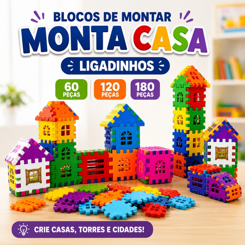 Blocos De Montar Monta Casa Infantil Encaixe Educativo 60 120 180 Peças Ligadinhos