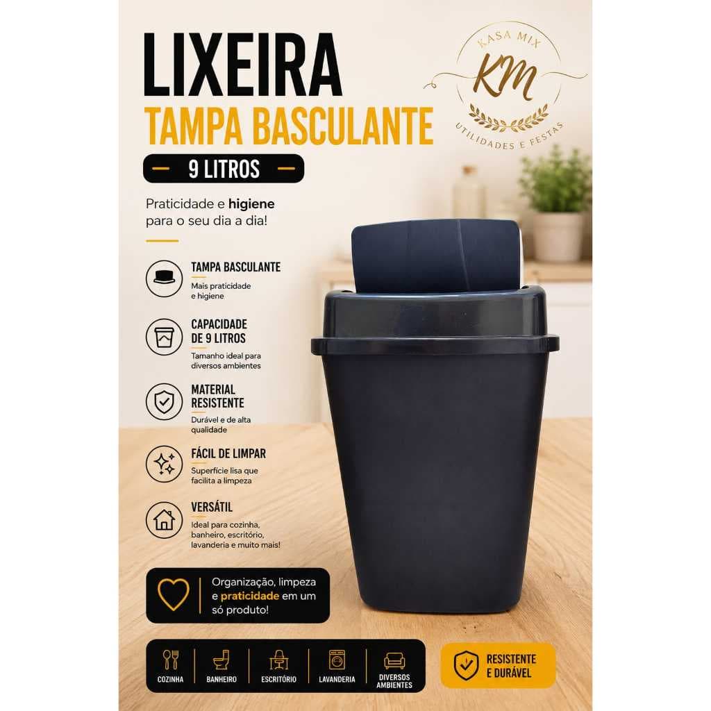 Lixeira 9 Litros Preta Multiuso Basculante designer clean cozinha, banheiro
