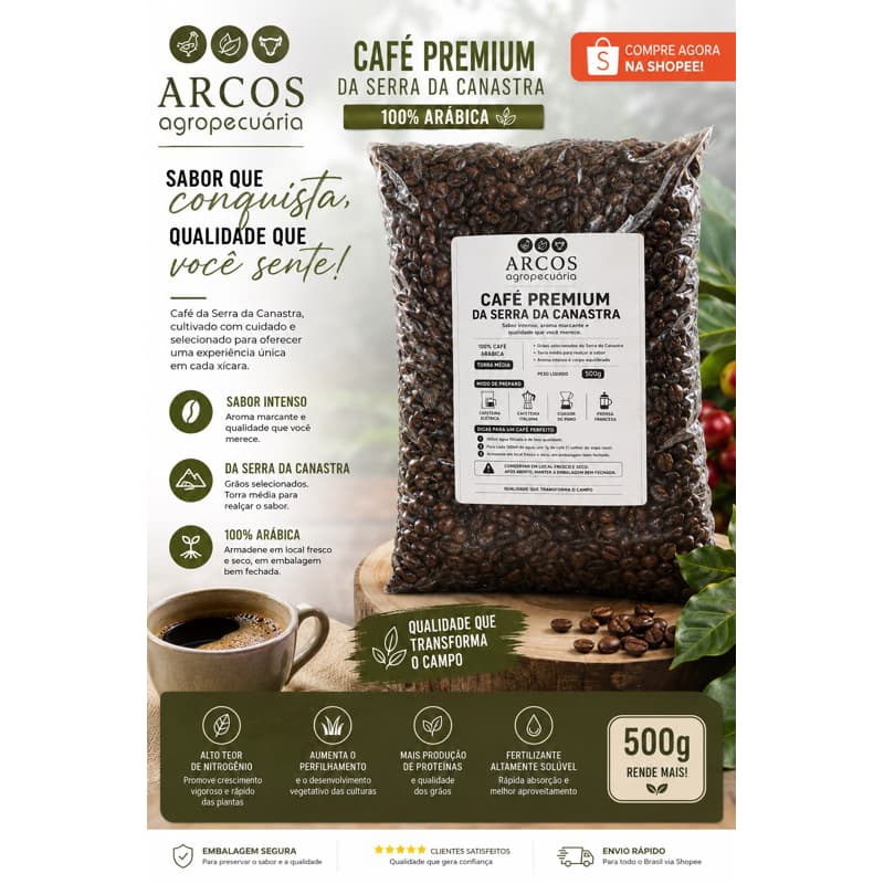 Café Premium da Serra da Canastra 500g | 100% Arábica em Grãos | Torra Média | Aroma Intenso e Sabor Marcante