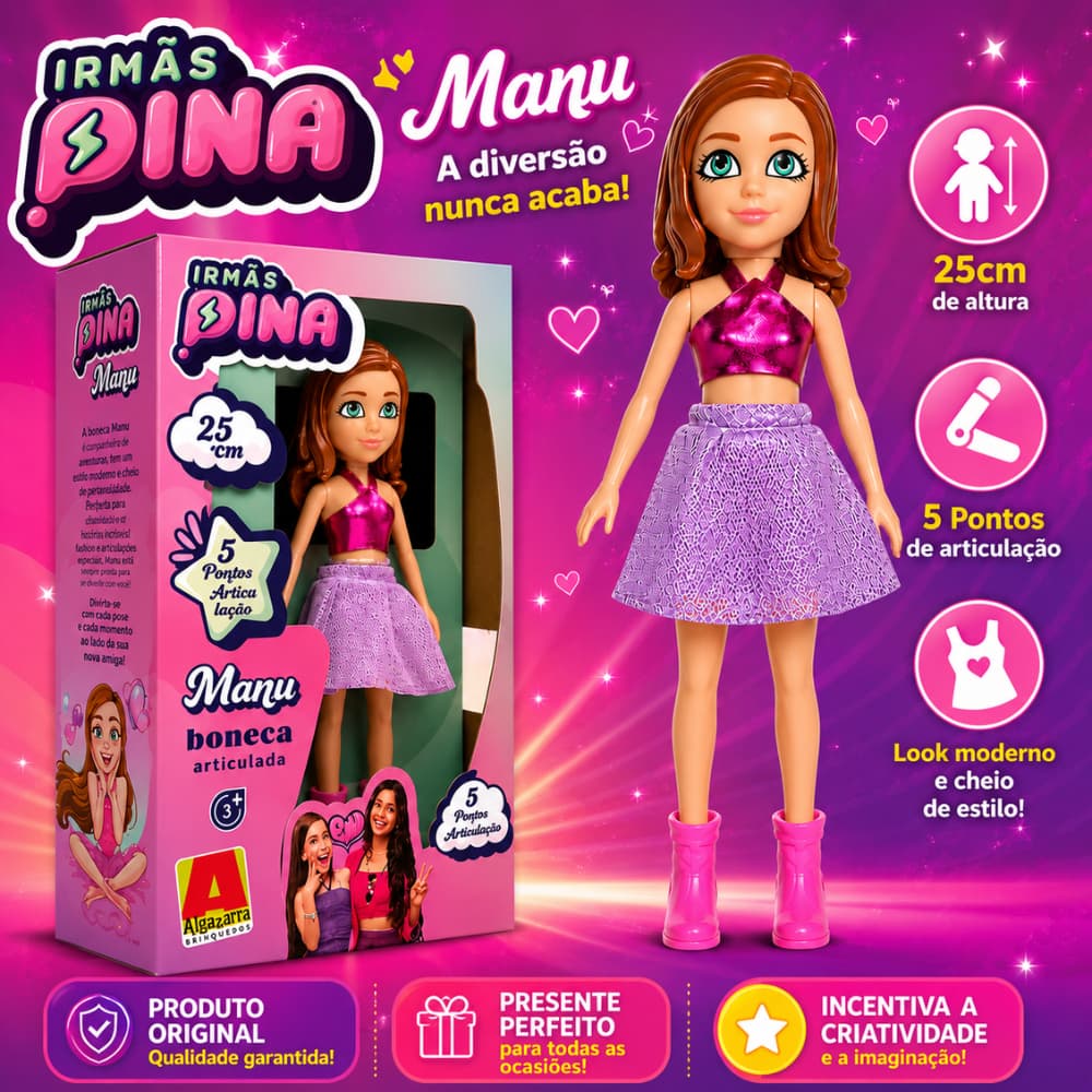 Boneca Manu Irmãs Pina Articulada 25cm Algazarra Youtuber Influencer Menina