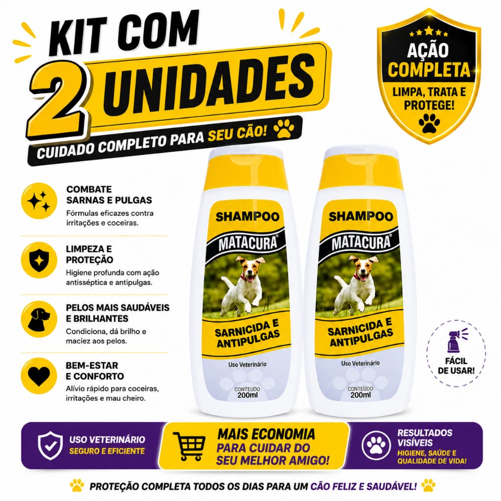 Kit C/ 2 Shampoo Matacura para Cachorros Sarnicida e Anti-Pulgas 200ml