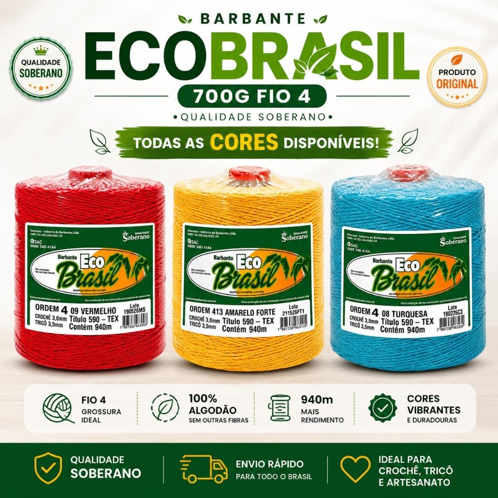 Barbante Eco Brasil Nº4 700g – Fio Colorido para Artesanato,Tapetes, Crochê