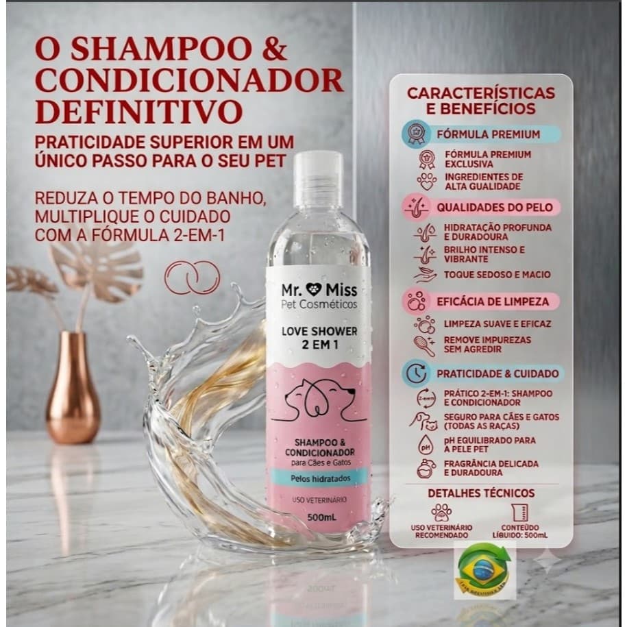 Shampoo e Condicionador 2 em 1  ,500 ml para caes, cachorro e gatos