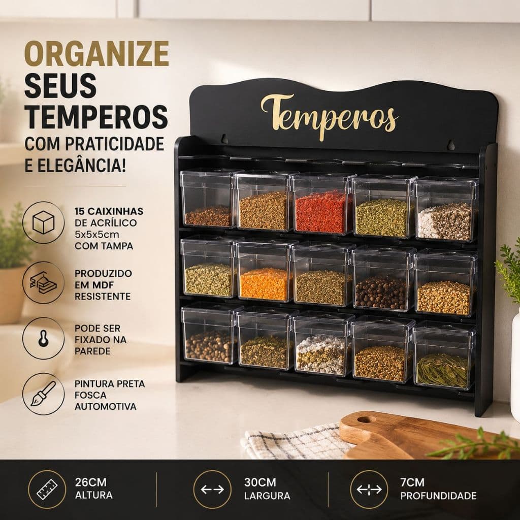 Porta Temperos Condimentos Com 15 Caixinhas de Acrilico em MDF Cozinha Bancada Parede ha5