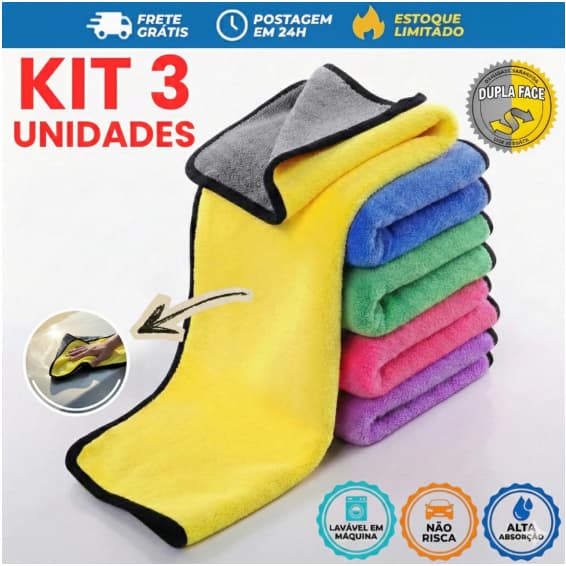 Kit 3 Toalha Pano Limpeza 30x30  2 Lados Limpar Carros sem Arranhar Multiuso De Microfibra Macia