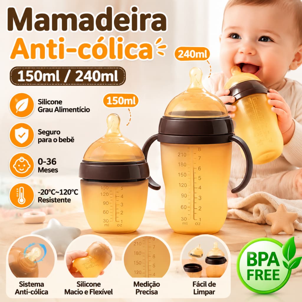 Mamadeira Silicone Anti Cólica 150ml/240ml Alimentícia Desmontável Resistente a Alta Temperatura Bebê 0-36 Meses