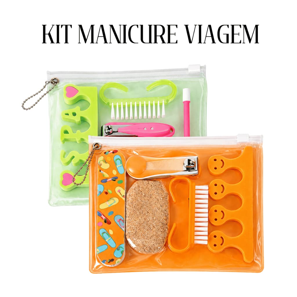 Kit Manicure Pedicure 5 Peças Com Necessaire Verde ou Laranja Kit Viagem Mala Bolsa Completo