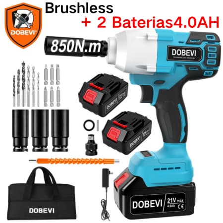Chave de Impacto Profissional 850Nm Brushless 21V + 2 Baterias 4.0Ah Kit Completo Dobevi