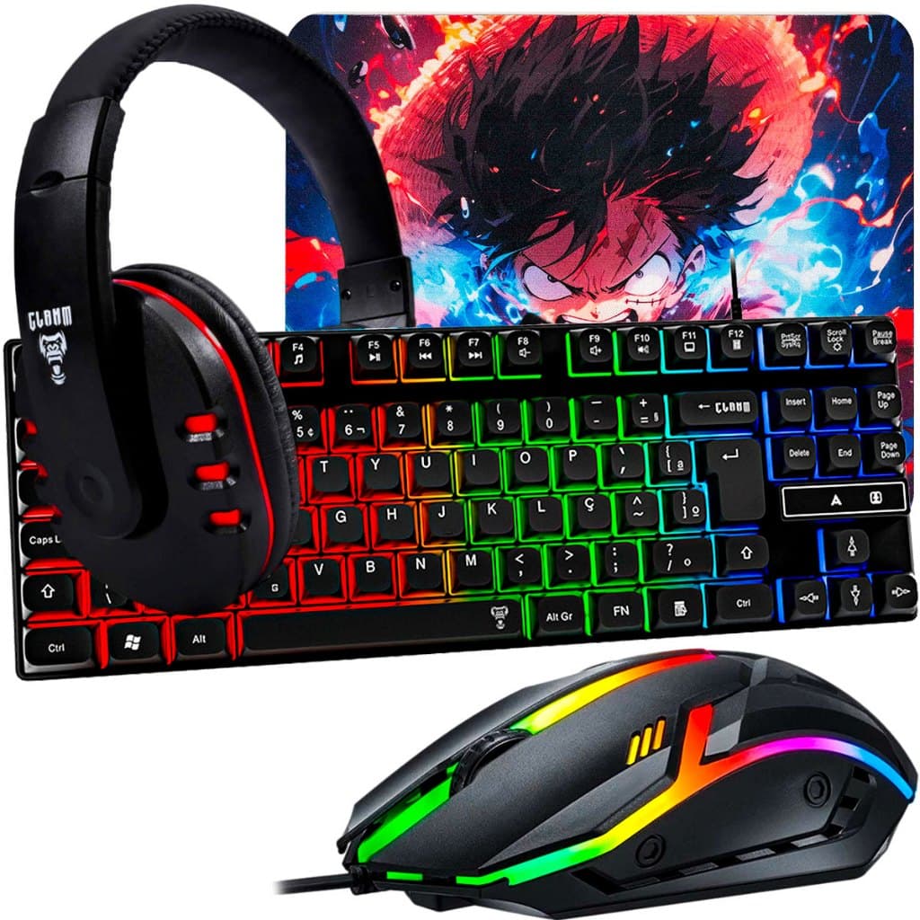 Kit Gamer RGB com Teclado Semi Mecânico, Mouse 1200 DPI e Headset com Microfone