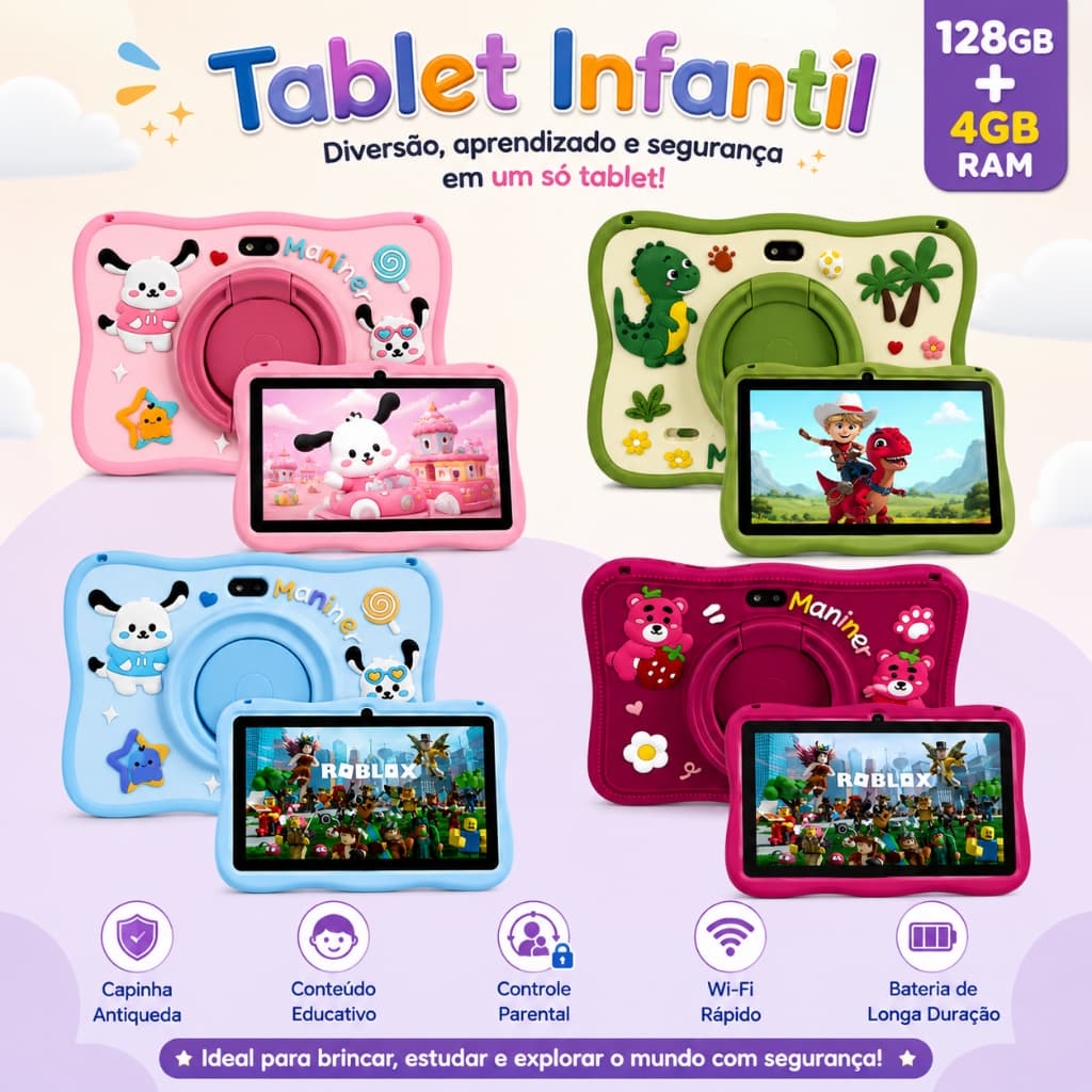 Tablet Infantil Kids 7 Polegadas 128GB+4GB Capa + Brindes com Wifi Bluetooth Android Super Resistente