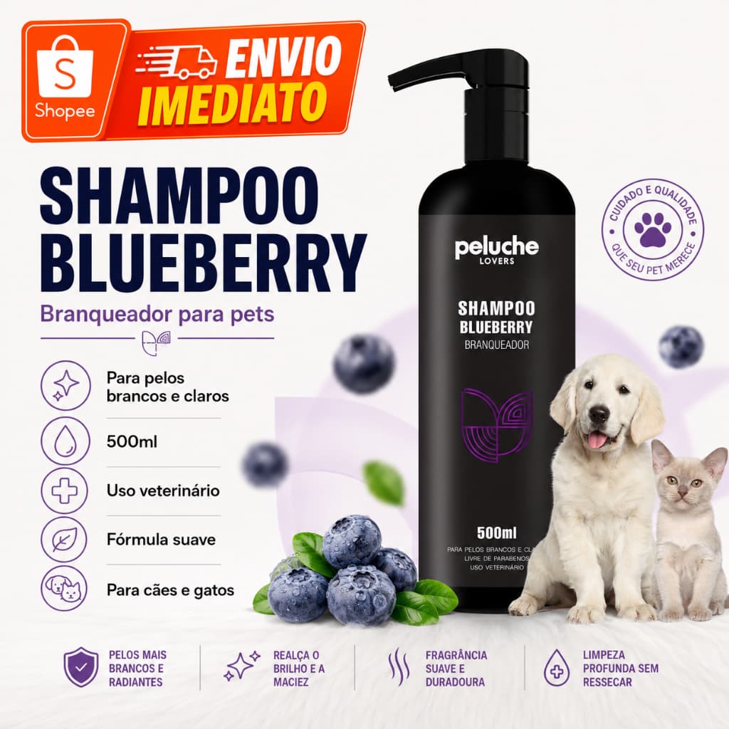 Shampoo Premium Branqueador Blueberry Peluche Lovers 500ml para Cachorro e Gato