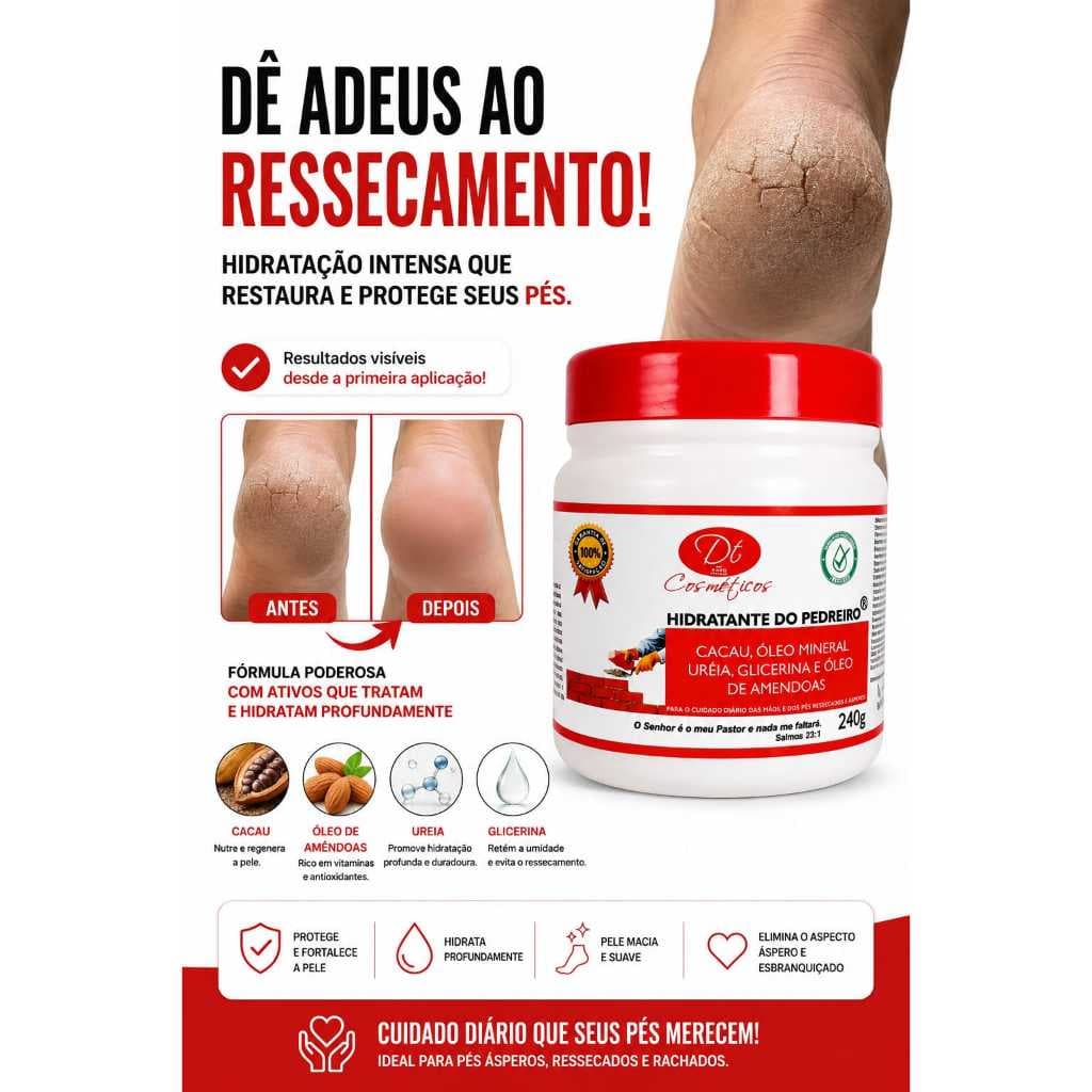 Creme Para Os Pés Rachados Ressecados E Mãos Secas Com Uréia Óleo De Amendoas 240g