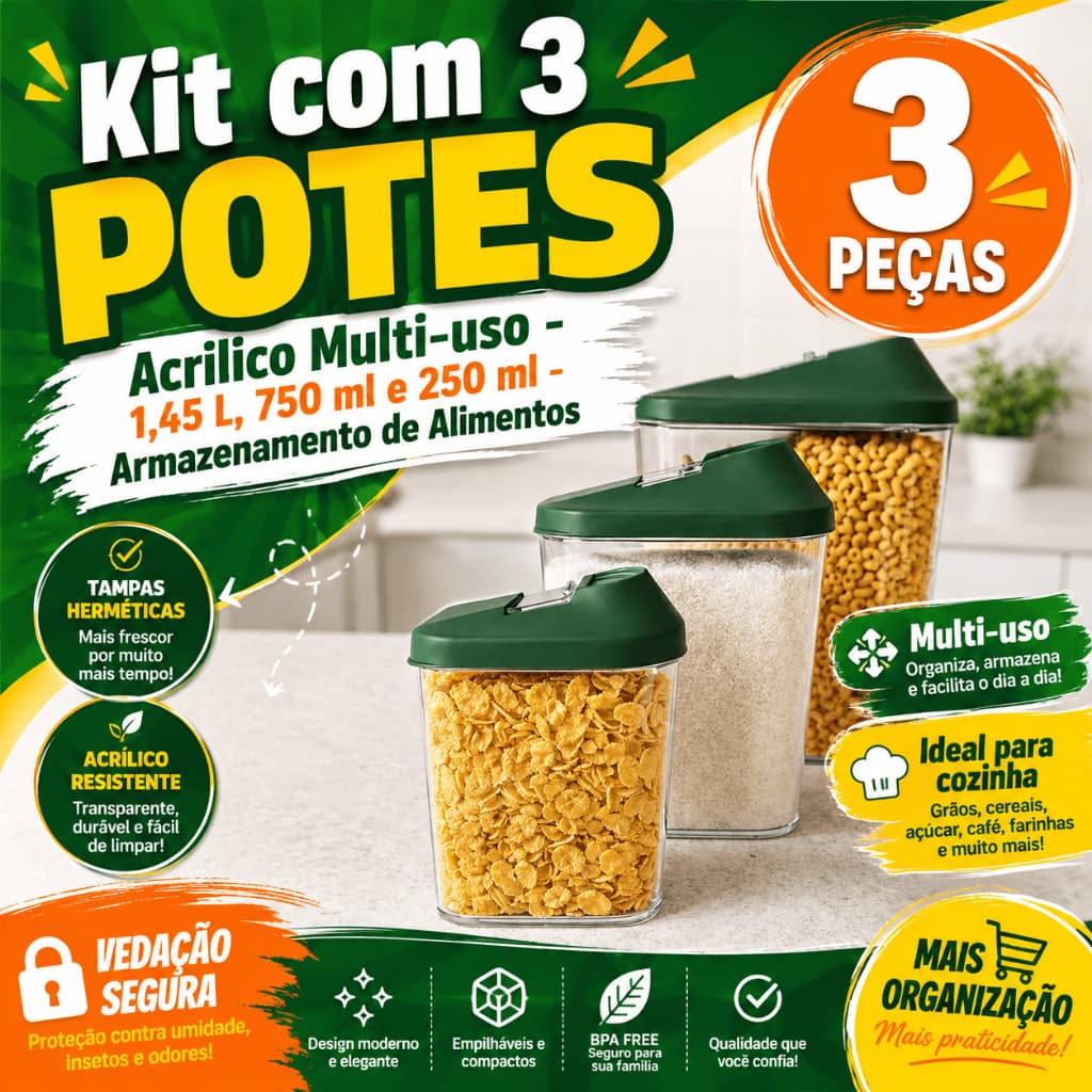 KIT 3 Potes Multiuso Organizador Farinheiro De Acrílico Para Cozinha e Lavanderia Herméticos