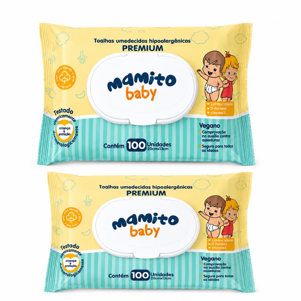 Kit 2 Lenços Umedecido 100 Folhas - Com Tampa Flip Top, Limpeza Delicada - Mamito Baby