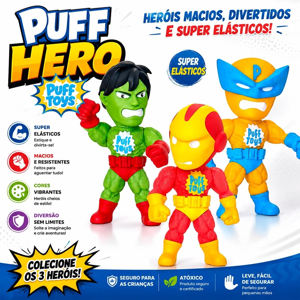 Boneco Puff Hero Puff Toys Vinil Atóxico Texturizado Colecionável Infantil 20cm Marvel