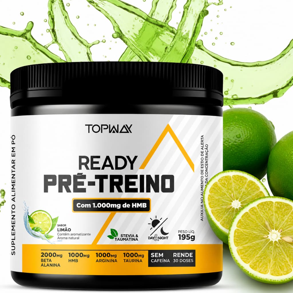 Pré Treino Ready Sem Cafeína HMB 1000mg 195g Sabor Limão Suplemento Pump Academia Treino TopWay