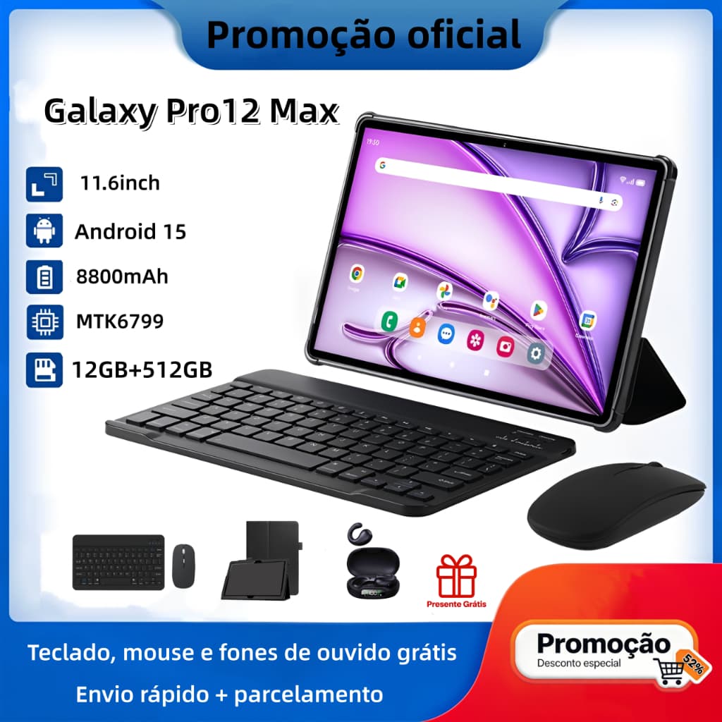 【Teclado e mouse grátis】Tablet Galaxy  Pro12 Android 11,6 polegadas 12 GB + 512 GB 8800 mAh Envio rápido 5G/Wi-Fi