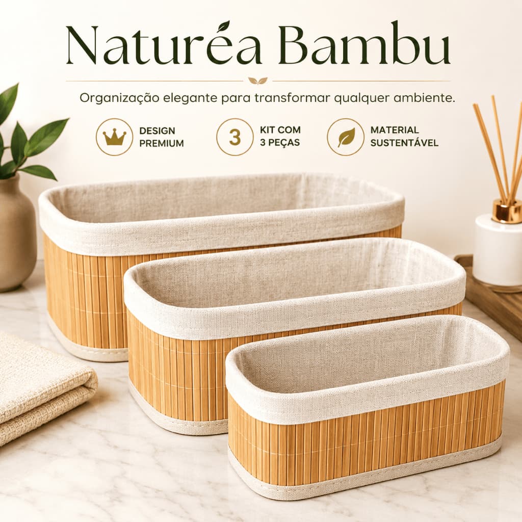 Kit 3 Cestos Organizadores de Bambu Multiuso Naturéa Bambu Organizador para Banheiro Cozinha Closet Lavanderia Decoração