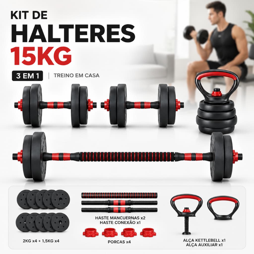 Kit de Halteres 15kg Regulável FOLRA Academia em Casa Multifuncional Barra Longa Kettlebell Musculação Profissional