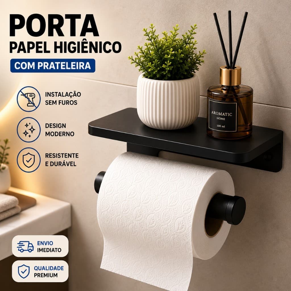 Porta Papel Higiênico com Prateleira Sem Furos Suporte de Parede com Fita Dupla Face