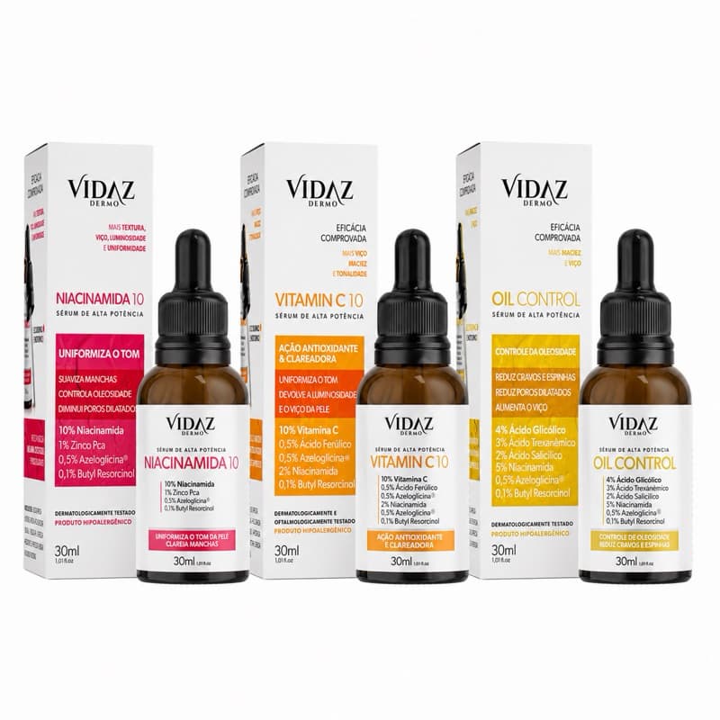 Kit 3 Séruns Faciais Vidaz Niacinamida Vitamina C Oil Control Clareador Antiacne 30ml