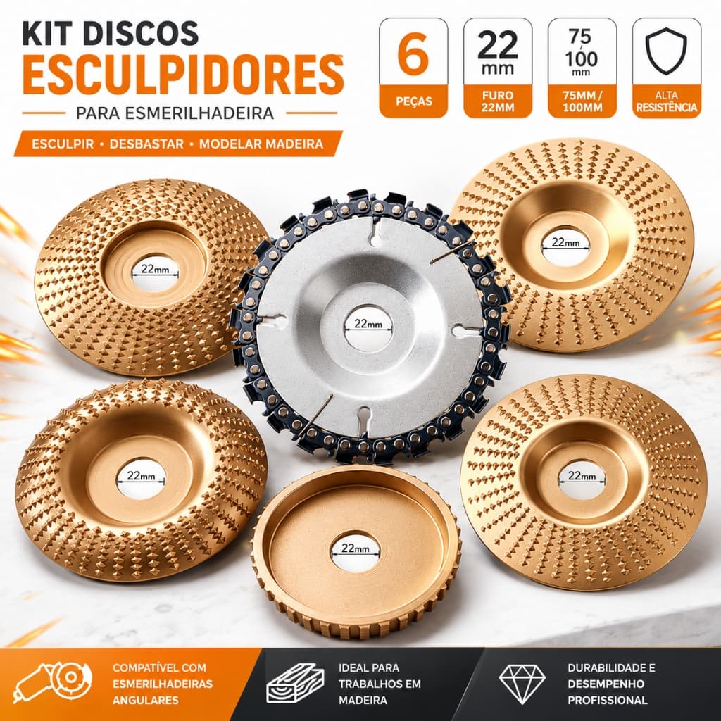 Kit 6 Disco Desbaste E Corte Madeira 100mm/75mm P/ Esmerilhadeira Furo 16/22mm Dourado