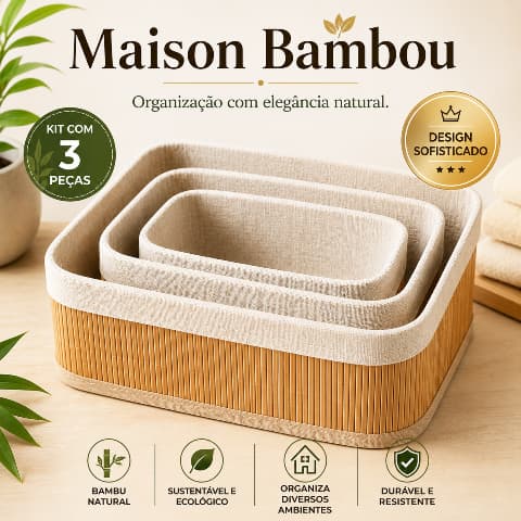 Cestos Organizadores de Bambu Maison Bambou Organizador Multiuso para Banheiro Cozinha Closet Escritório