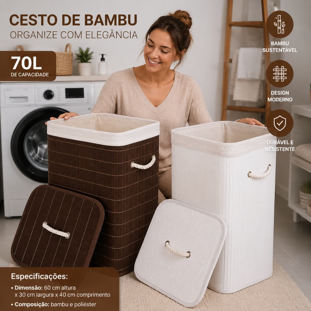 Cesto Organizador de Bambu 50L ou 70L Com Tampa Alças Lavanderia Banheiro Organizador Casa