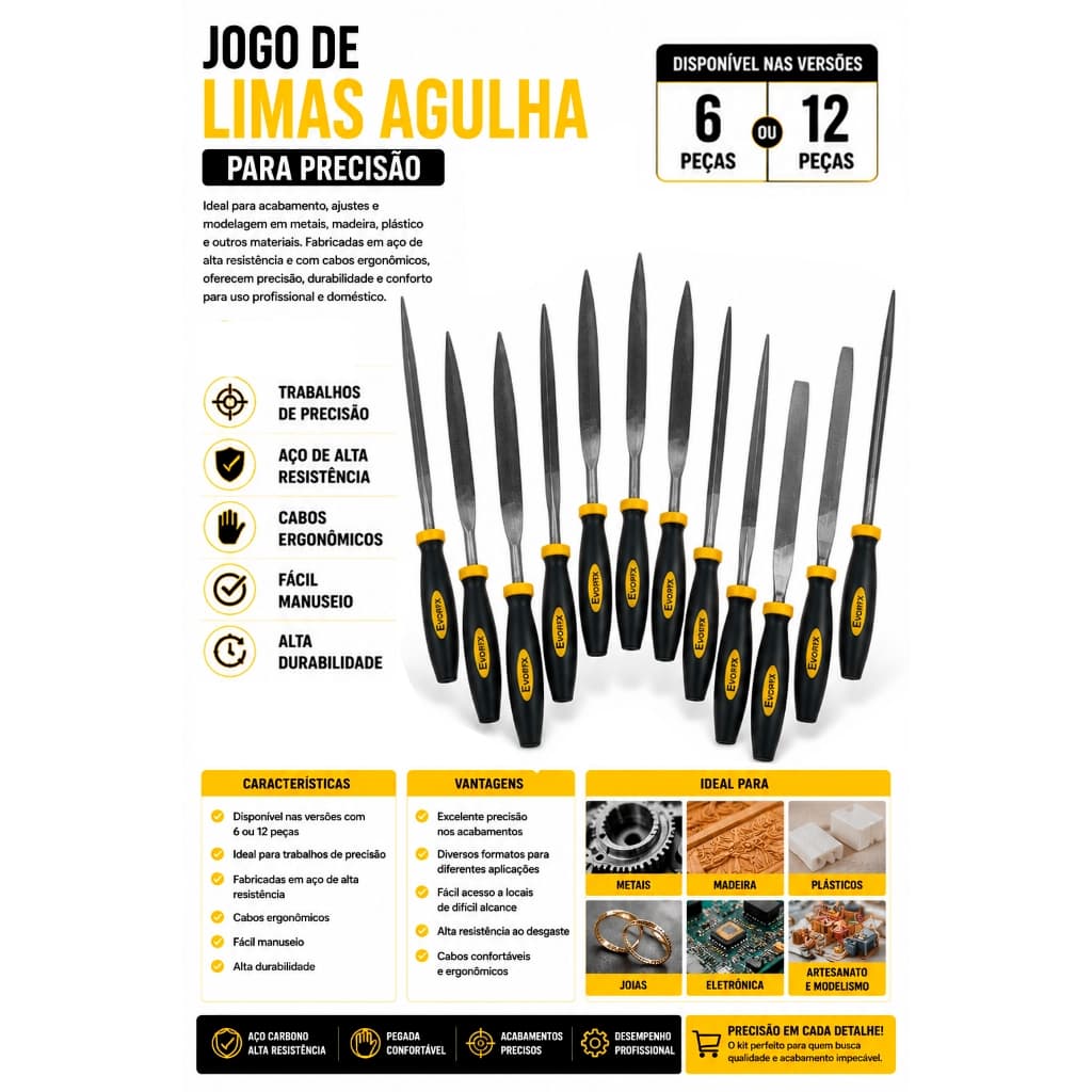 Jogo Limas Agulha 6 ou 12 Peças Aço Precisão para Metal Madeira Plástico Modelismo