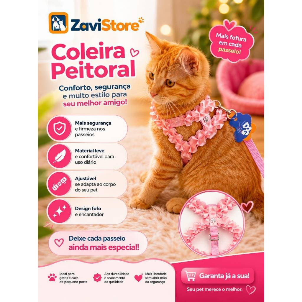 Coleira Peitoral Babado Com Guia Para Pets | Caes E Gatos
