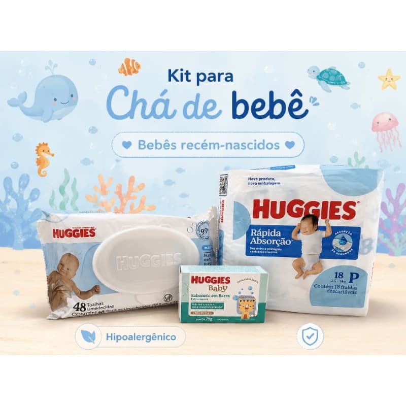 kit Huggies baby recém-nascido chá de bebê Fralda P +lenço umedecido+sabonete extra-suave