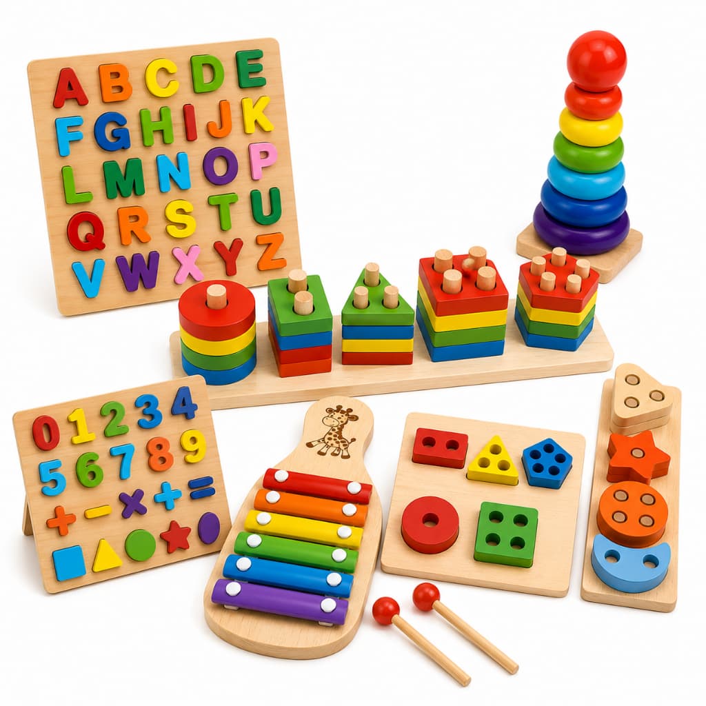 Kit de Brinquedo Educativo Montessori de Madeira - Formas Geométricas - 3 Jogos
