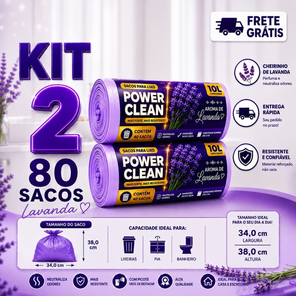 Kit 2 Saco de Lixo Lavanda 10L Perfumado 80 Sacos 34x38cm Anti Odor Para Pia Banheiro Resistente Power Clean