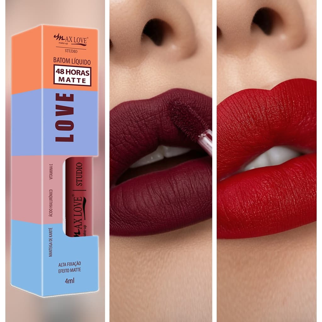 Kit 10 Unidades de Batom Líquido Matte Nude Hidratante 48h Max Love - Vinho Jabuticaba Vermelho Rosa