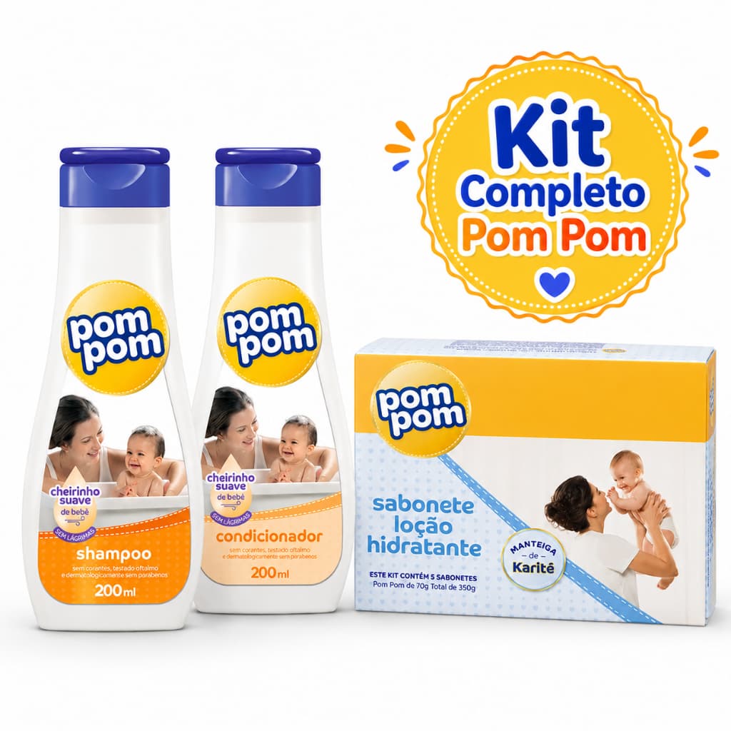 Kit Completo Pom Pom Bebê Shampoo 200ml + Condicionador 200ml + Sabonetes Hidratantes