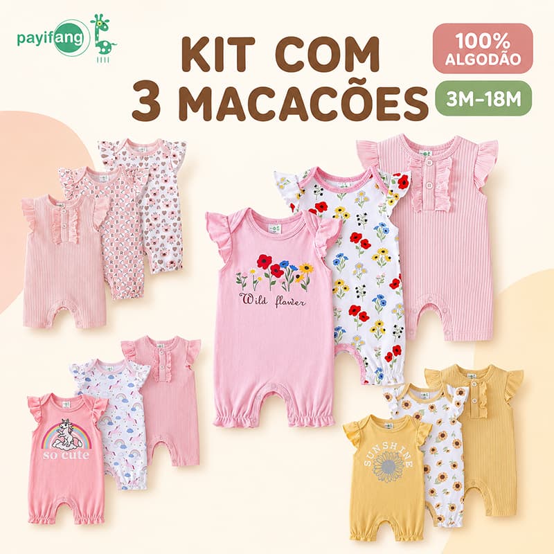 Payifang Kit Macacão Bebê Menina 3 Peças Romper Curto Macaquinho 100% Algodão Floral Roupa de Bebê Menina Verão