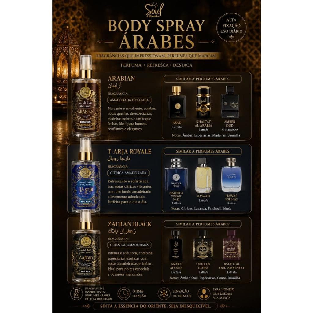 Body Splash Soul Árabes importado 200 ml Masculino Arabian T-arja Royale Zafran Black