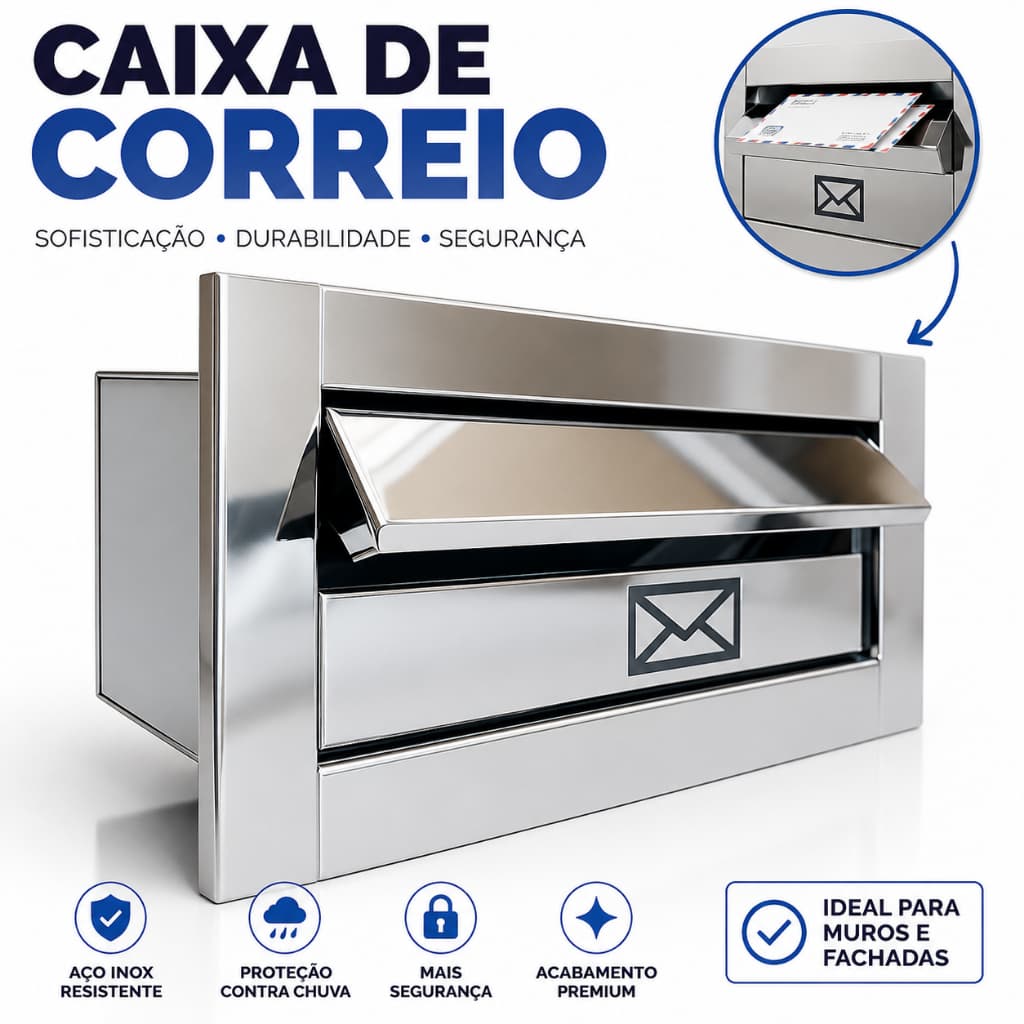 Caixa Correio Carta - Inox com Aba - Para Muro Parede de Embutir - Preto Fosco - Cromado - Branco