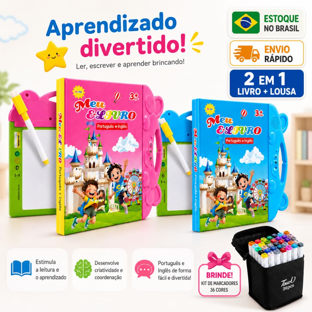 Livro Sonoro Interativo para Crianças Português e Inglês Livro Ilustrado Integrado Leitura e Escrita Brinquedo Educativo