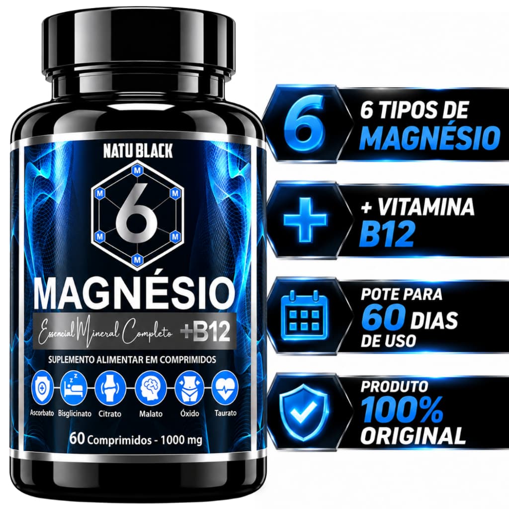 Magnésio 6 em 1 + B12 ORIGINAL Ascorbato Bisglicinato Óxido Taurato Alta Absorção POTE PARA 02 MESES