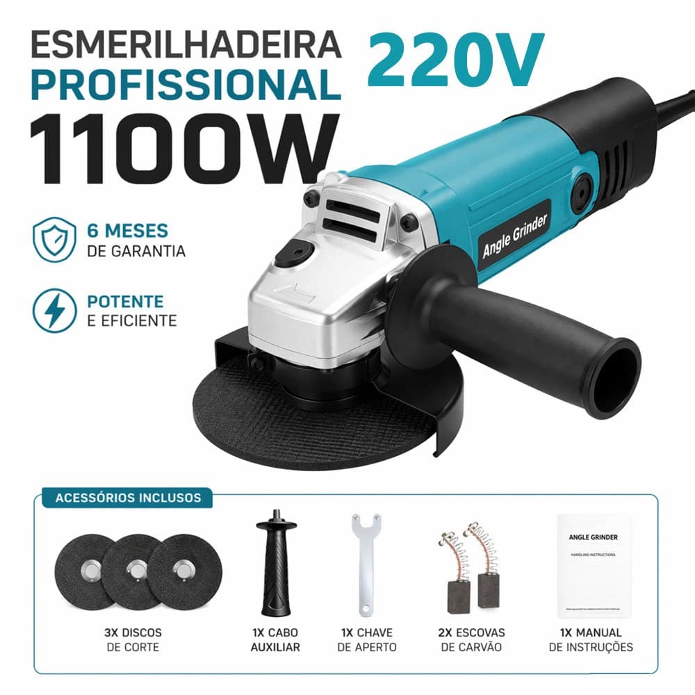 Máquina Esmerilhadeira Angular 220V 1100W 115mm Com Fio Ferramenta Profissional Para Oficina
