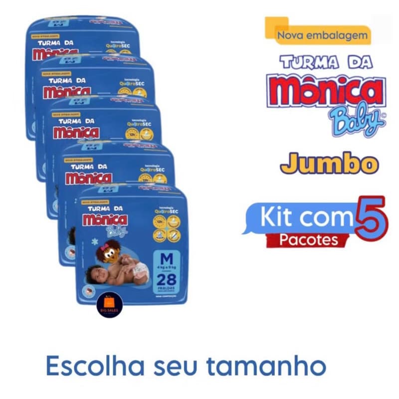 Kit 5 Pacote de Fralda Descartavel Turma da Monica + Sabonete Infantil